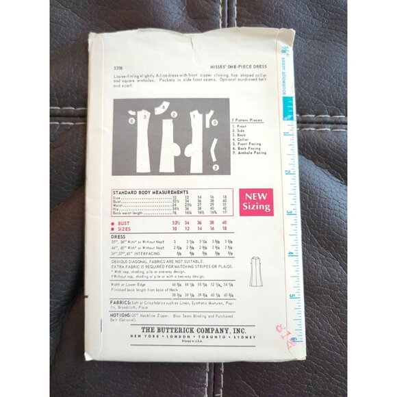 5208 BUTTERICK 1960's Misses One Piece Loose Dress Sewing Pattern Size 10 UC FF - Picture 3 of 4
